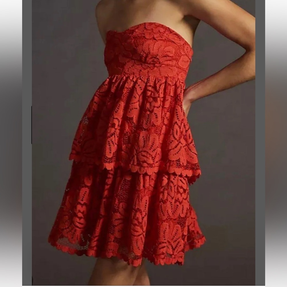 Anthro Maeve Orange Red Strapless Lace Mini Dress, Size Small
